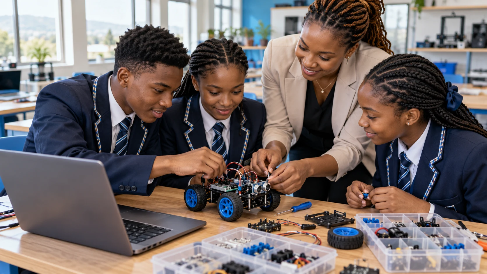 Illustrative classroom scene of learners and an educator exploring robotics