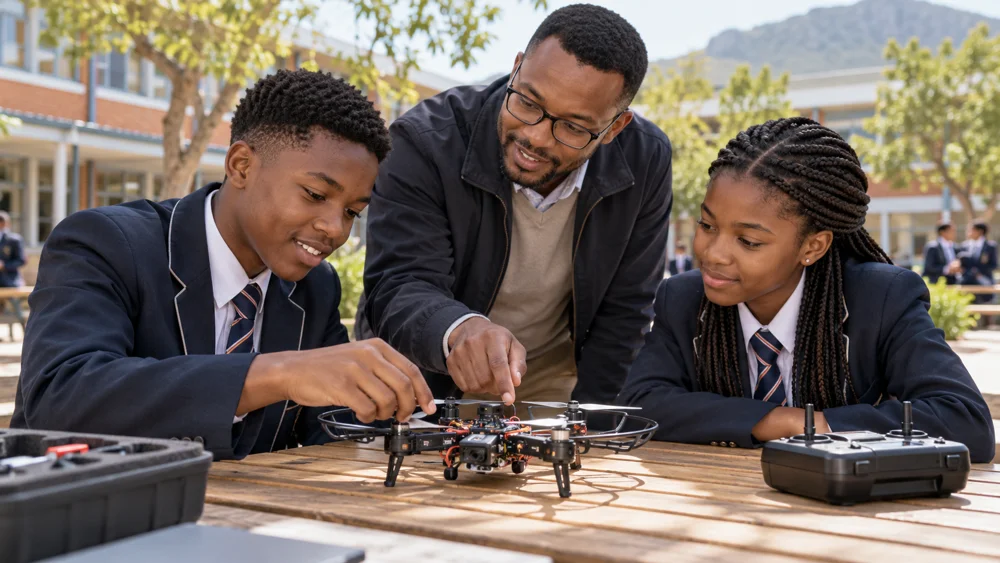 Learners exploring drone technology with an educator